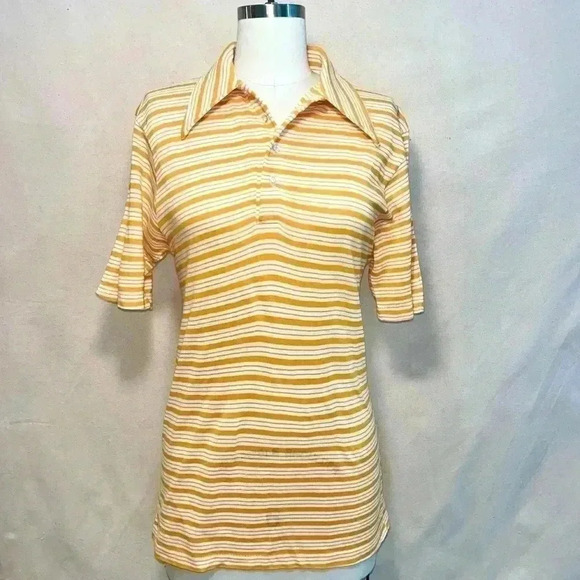 Vintage | Striped 70s Wide Collar Polo - Goldenrod & White / Sz M - Picture 2 of 9